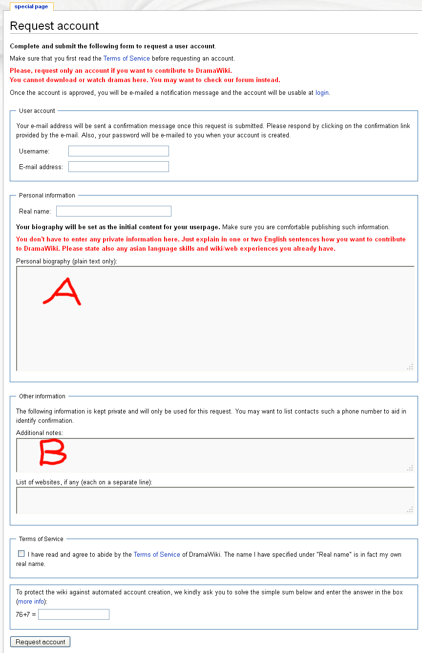 DramaWiki account creation form example